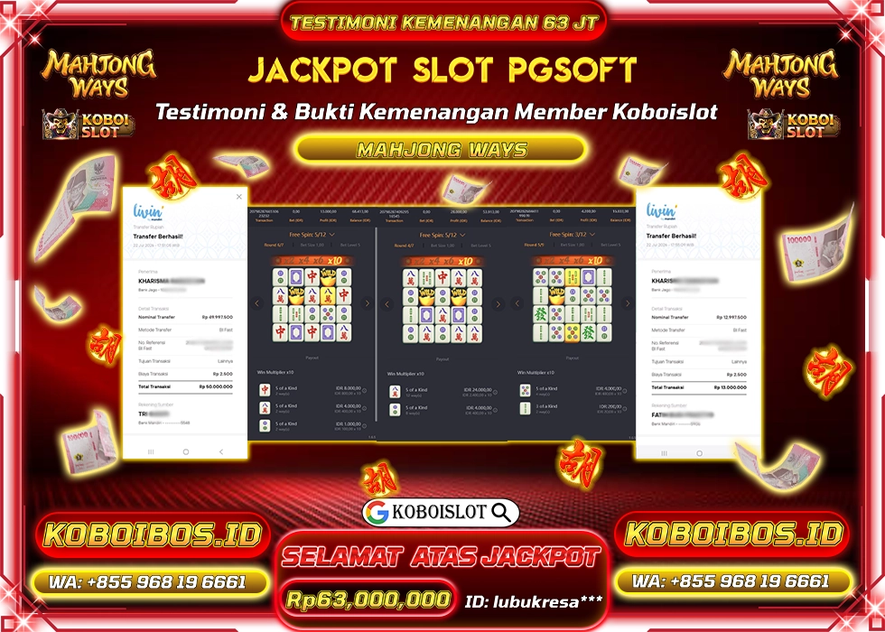 BUKTI KEMENANGAN Id lubukresa*** SLOT GACOR MAHJONG WAYS 1 Rp63.000.000,- LUNAS